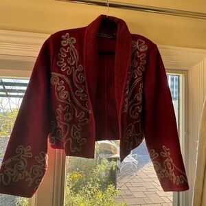 Women's Embroidered Burgundy Cropped Blazer Jacket